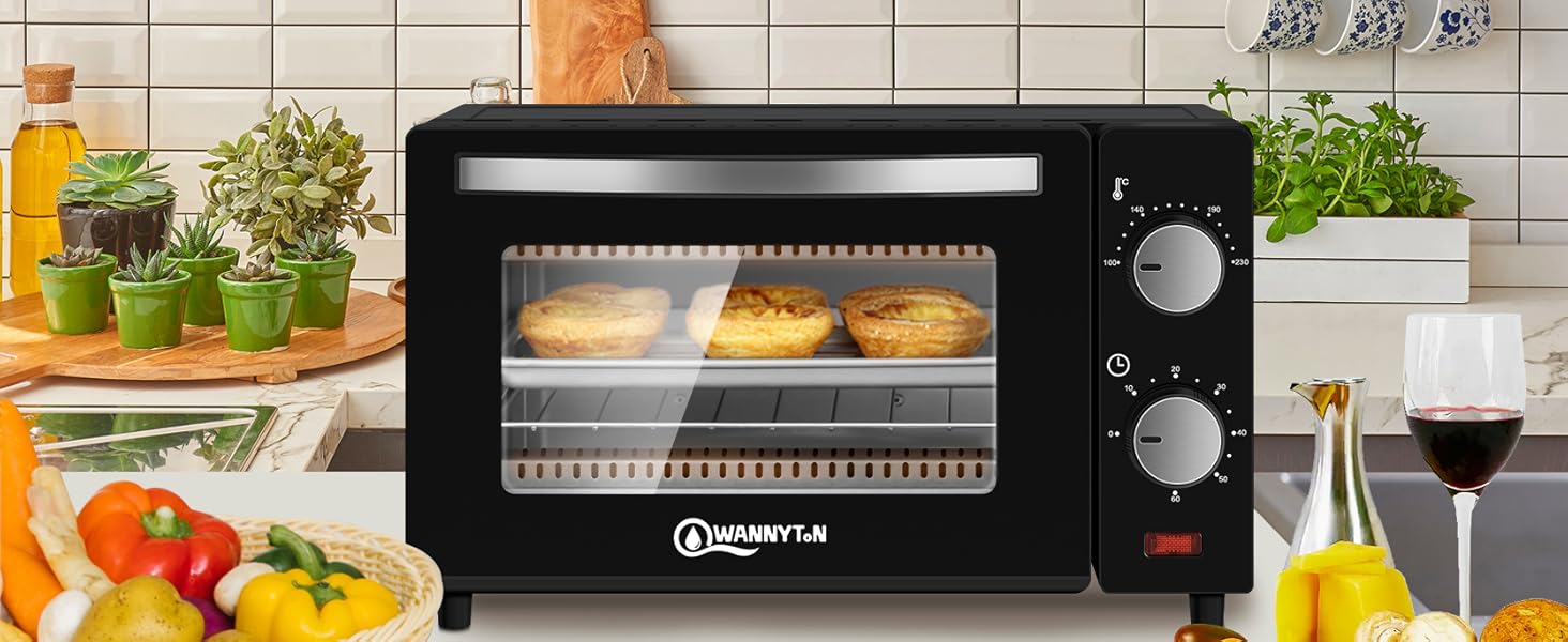Міні-піч Wannyton 10L: піч для піци, випічки та хліба, 650W, 100-230°C, таймер, решітка, деко, чорний