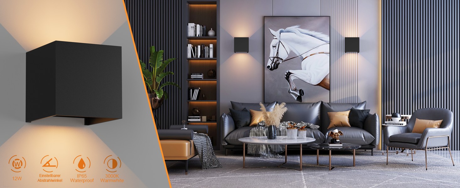 Світильник настінний LED K-Bright 12W для дому та вулиці, двосторонній потік світла (вгору та вниз), теплий білий 3000K, водонепроникний IP65, антрацит