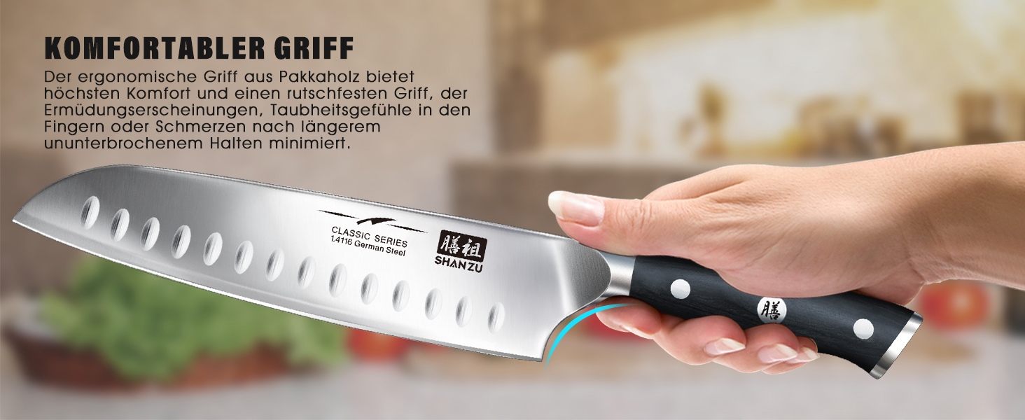 Ніж шеф-кухаря SHAN ZU Santoku: 18 см, нержавіюча сталь, ергономічна ручка, подарункова коробка