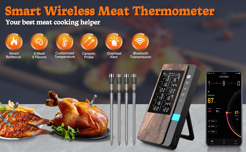 Бездротовий набір термометрів для м'яса (4 шт.) з Bluetooth, водонепроникні (IP67), для приготування на грилі, в духовці, мангалі, ротатерії, фритюрниці