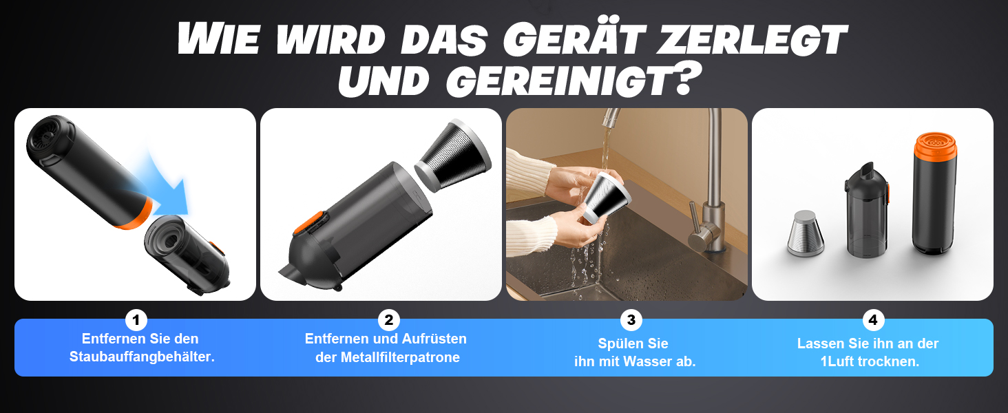 Акумуляторний ручний пилосос для авто та дому 4-в-1, безщітковий мотор, потужність 26000Па, 3 режими всмоктування, з підсвіткою (Помаранчевий)