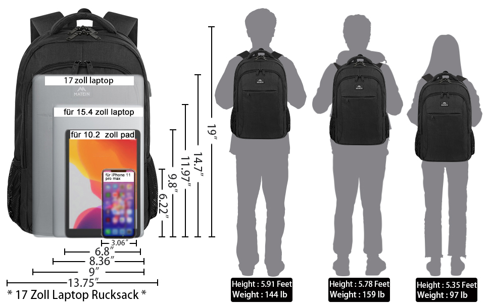 Рюкзак MATEIN чоловічий, великий 17,3-дюймовий із зарядним USB-портом проти крадіжки для роботи, подорожей, коледжу, чорний