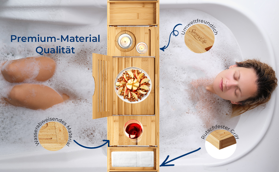 Підставка для ванни та ліжка SereneLife 2-в-1 – складане піднос для сніданку в ліжку та ванній з бамбука, водовідштовхувальний, регульований розмір – дерев'яна підставка для ванни, міцна спинка (складний, міцна спинка, подарунковий набір)