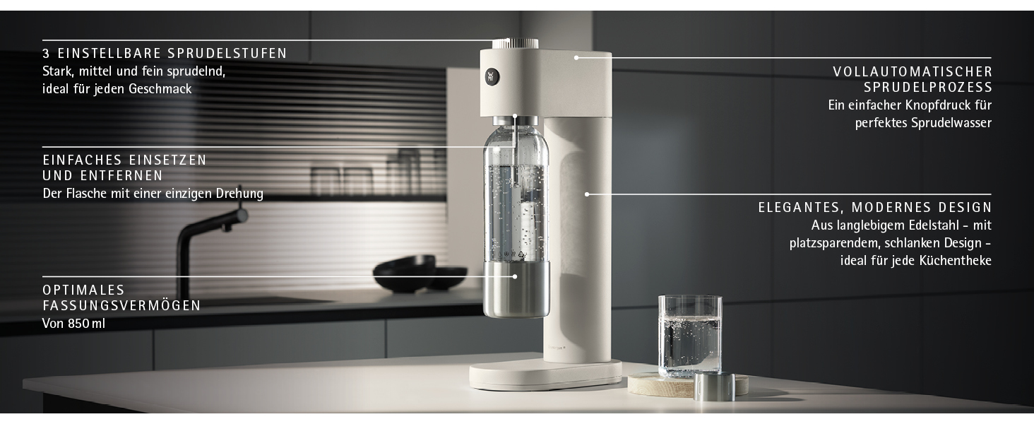 Автоматичний сифон для води WMF Element One з нержавіючої сталі, 3 рівні газування, компактний содамейкер, колір Moon Dust