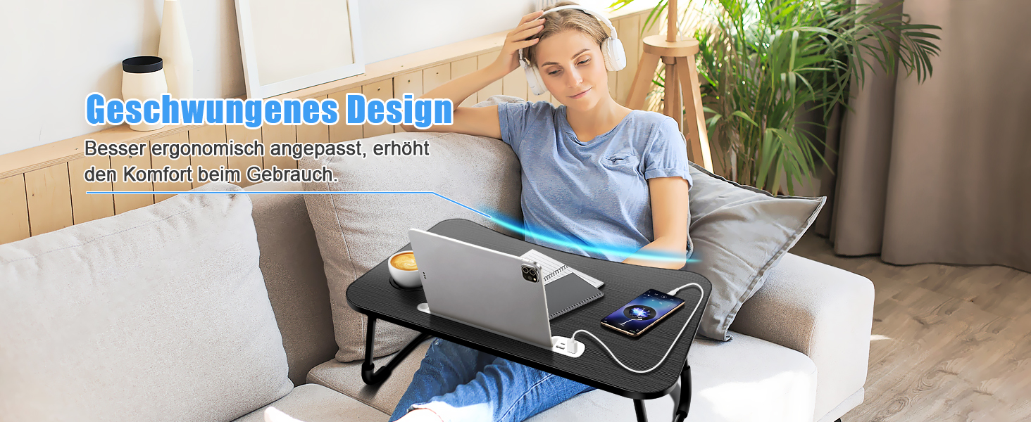 Зручний столик для ноутбука на ліжко/диван, з USB, ящиком та підставкою для планшету (60 x 40 см, коричневий)