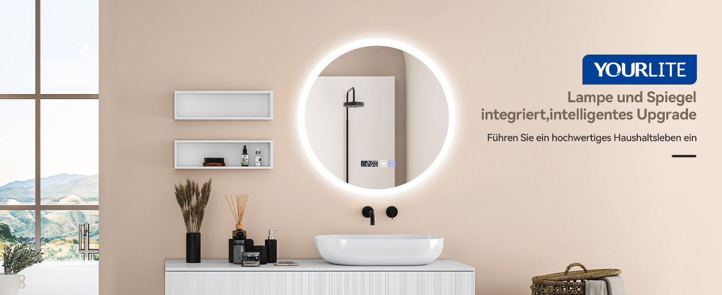 Дзеркало для ванної кімнати YOURLITE з підсвічуванням, діаметр 60 см, LED, 3 кольори, диммування, сенсорне управління, антизапар, пам'ять, IP44, білий