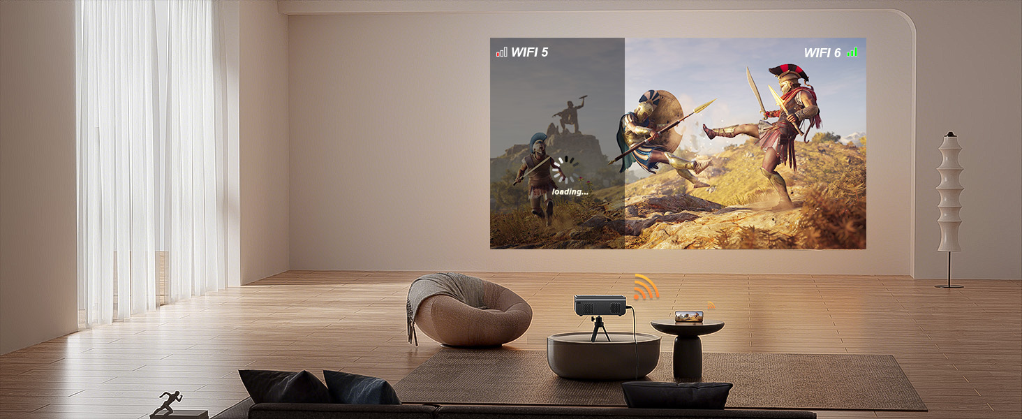 4K проєктор VISSPL 28000 люмен з автофокусом та корекцією трапецеїдальної спотворення, Wi-Fi 6, Bluetooth, Dolby Audio, Netflix, 360° обертовий штатив для домашнього кінотеатру та використання на відкритому повітрі