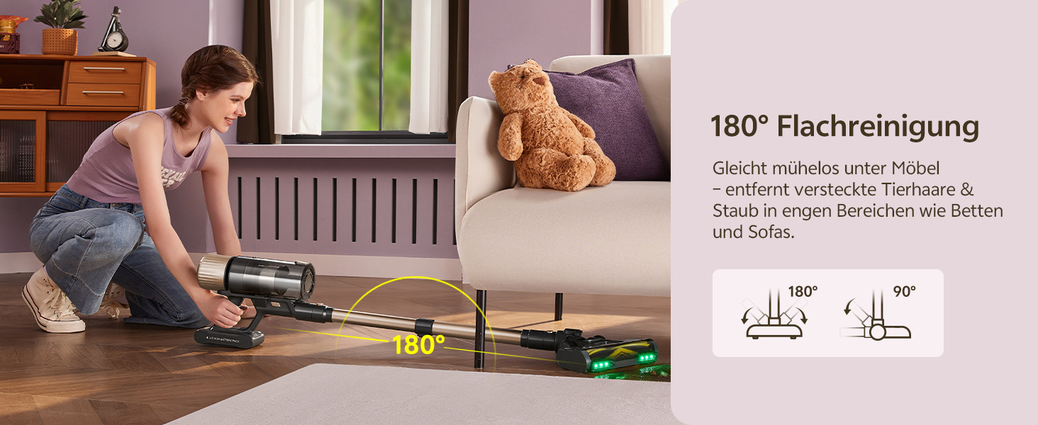 Бездротовий пилосос Ultenic з акумулятором, 50000Pa, 65 хв роботи, GreenEye, телескопічна труба, 6-ступенева фільтрація, антизаплутувальна щітка, для шерсті тварин/килимів/твердих поверхонь, колір шампань