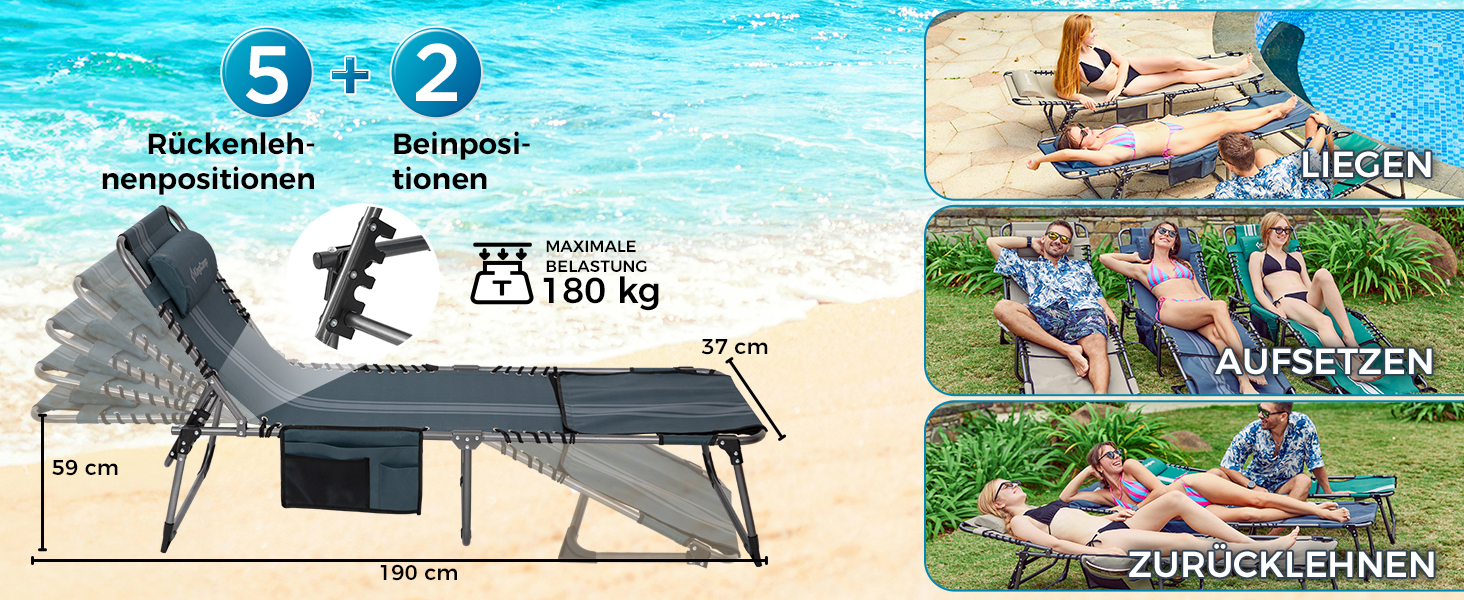 Лежак для відпочинку KingCamp великого розміру, складаний, 5 положень, для саду, кемпінгу, пляжу, 200 x 68 см, сірий, з подушкою та кишенею, до 200 кг