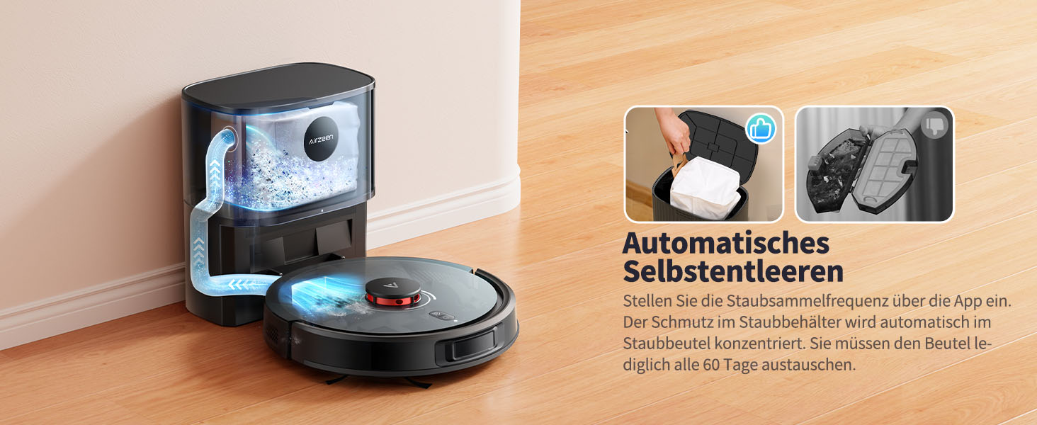 Робот-пилосос Airzeen Q10 Pro S з вологою, LiDAR-навігація, 5000Pa, для тварин, чорний