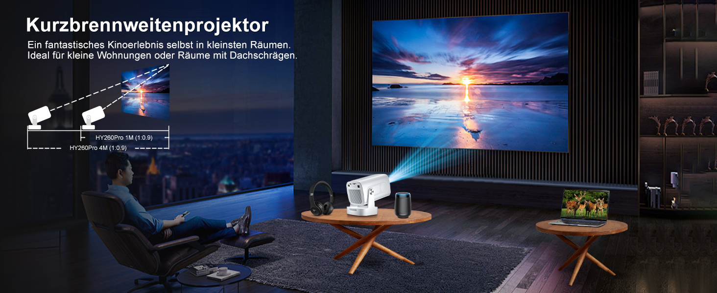 Beamer 4K HY260pro: Портативний проєктор з Wi-Fi 6, Bluetooth 5.4, Android TV, 180° обертанням, 18000 люмен, 5W динамік для дому та відпочинку