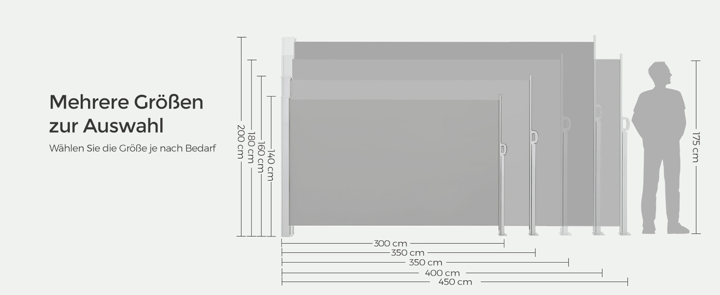 Сонцезахисна бічна маркіза SONGMICS 140x300 см, сталевий корпус, антикорозійна, висувна, щільна, для балкона, тераси, саду, світло-сіра