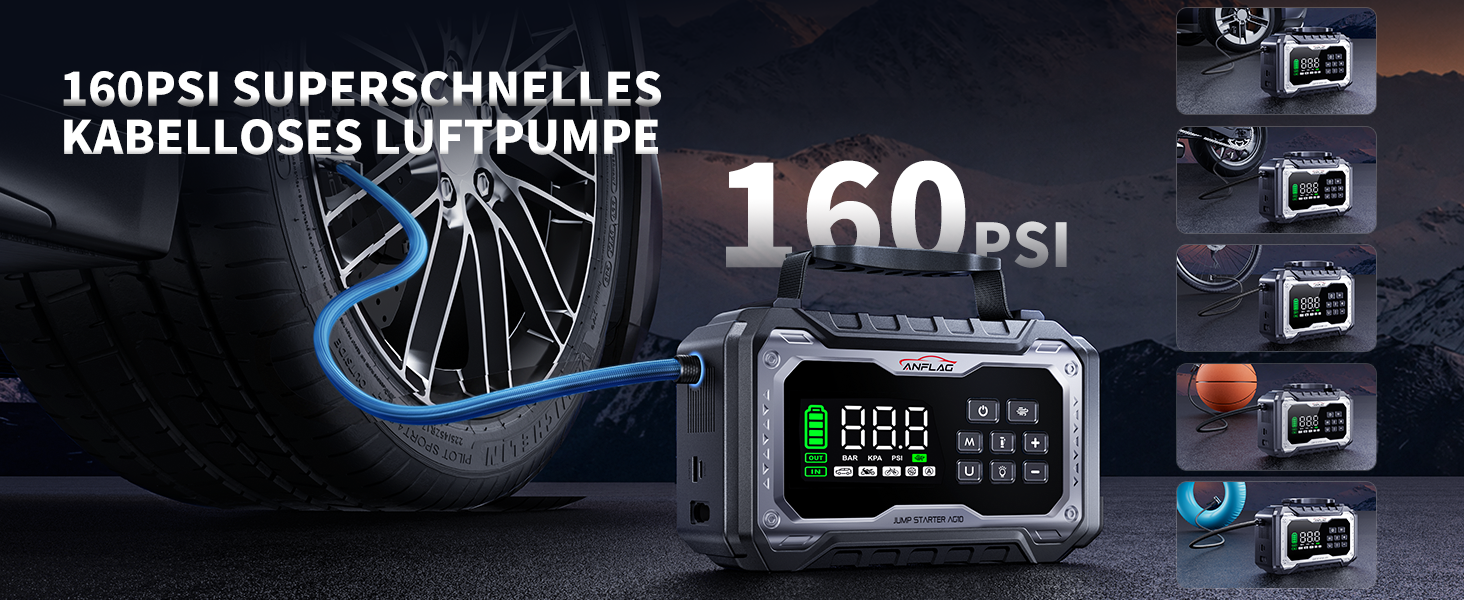 Пусковий пристрій (бустер) для авто 8000A з компресором 160 PSI та Powerbank, чорний
