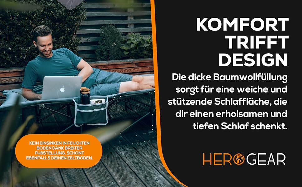 Складане польове ліжко HEROGEAR з м'яким бавовняним наповнювачем, інтегрованою подушкою та матрацом, для дорослих, гостьове, туристичне, пляжне, садове, розкладне, 190x67 см