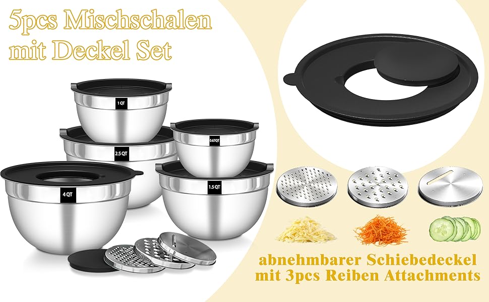 Набір мисок для перемішування 5 шт. з нержавіючої сталі, набір салатників з герметичними кришками, 3 насадки-тертки, об'єм 4.5L, 2.7L, 1.6L, 1.1L, 0.7L, скляні, розбірні, можна мити в посудомийній машині