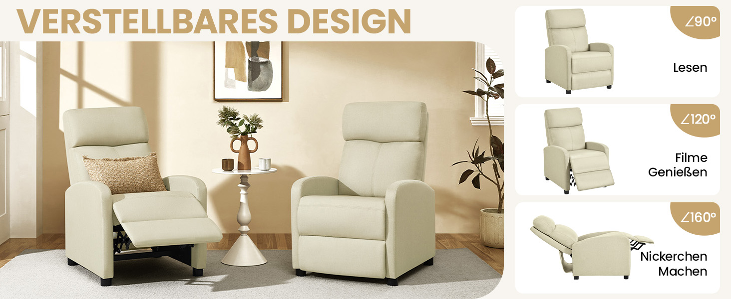 Крісло-релакс Yaheetech для телевізора з регульованою підставкою для ніг, крісло для відпочинку, бежеве, льон