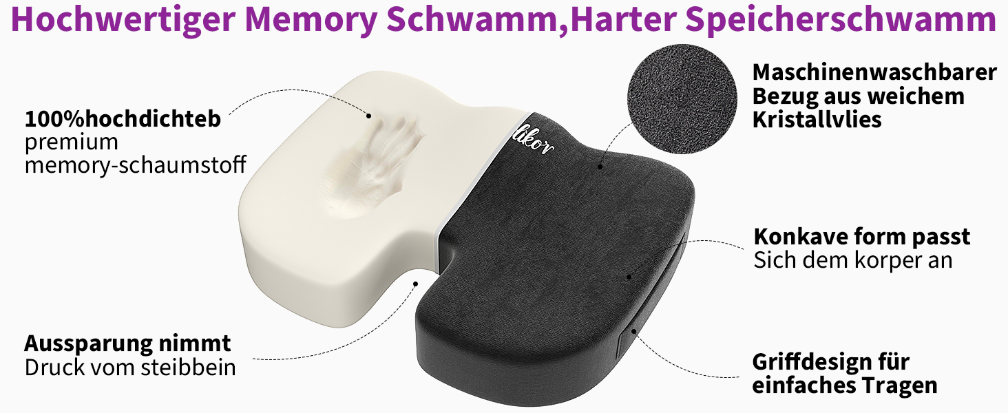 Ортопедична подушка на сидіння для копчика та стегон, ергономічна подушка для офісного крісла та авто з ефектом пам'яті (Memory Foam), протиковзкою основою, чорна