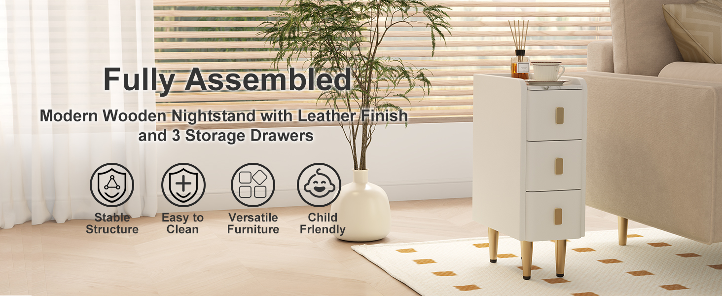 Нічний столик AQIMUELE, білий, з 3 шухлядами, 30 см, без встановлення, з екошкірою