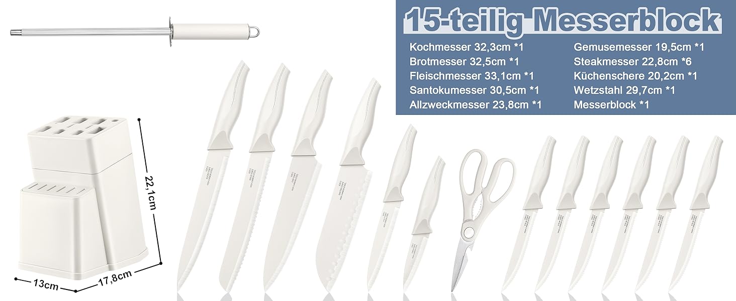 Набір кухонних ножів TEAMFAR з бруском, 15 предметів, нержавіюча сталь, антипригарне покриття