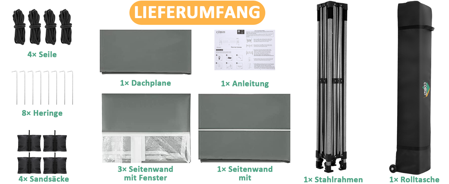 Павільйон COBIZI 3x3 з боковою стінкою: водовідштовхуючий, стабільний, зимостійкий, для саду та відпочинку
