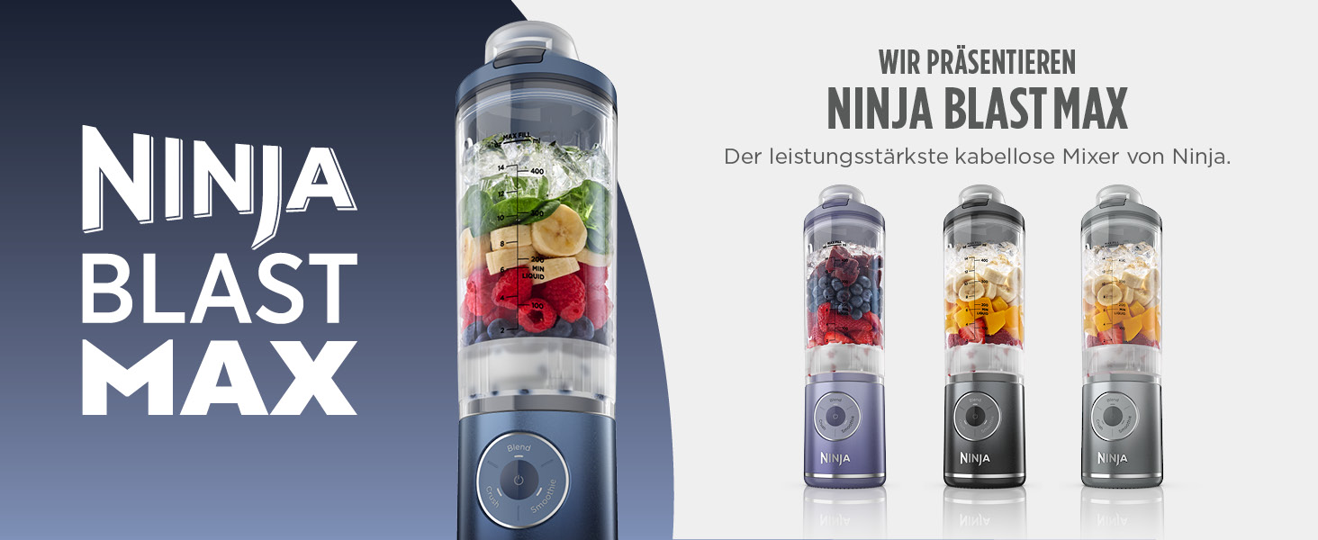 Портативний блендер Ninja Blast Max - 570 мл, акумуляторний, з чашею та кришкою, 3 функції, для смузі та протеїнових коктейлів (Marineblau)