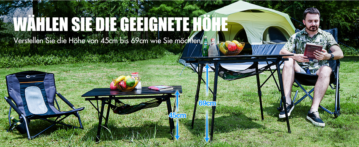 Складаний кемпінговий стіл Portal з регулюванням висоти, алюмінієвий, 90 x 53 см, для 4 осіб, сріблястий