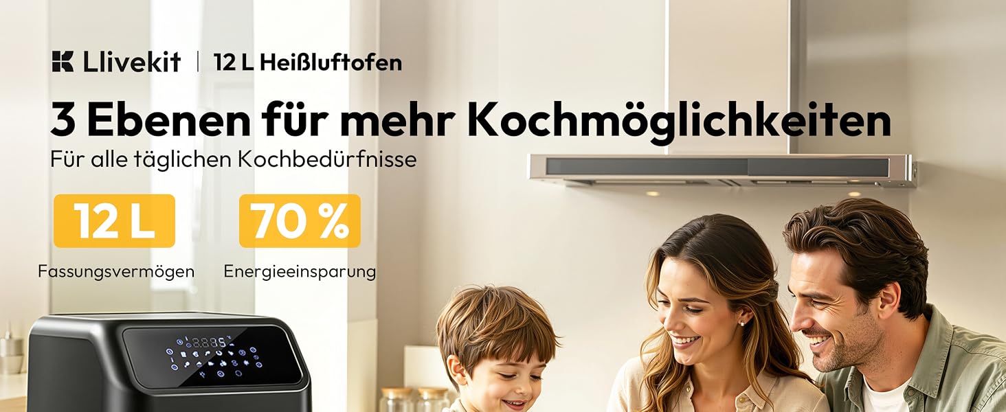 Аерофритюрниця LLIVEKIT 12л з ротисатором та конвекцією, мультипечі 12-в-1, 1800Вт, 7 аксесуарів, чорна