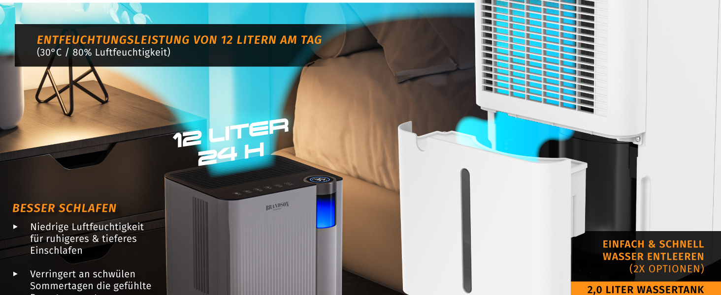 Електричний осушувач повітря Brandson з компресором, 12 літрів, Wi-Fi, з таймером, функцією відтавання, білий
