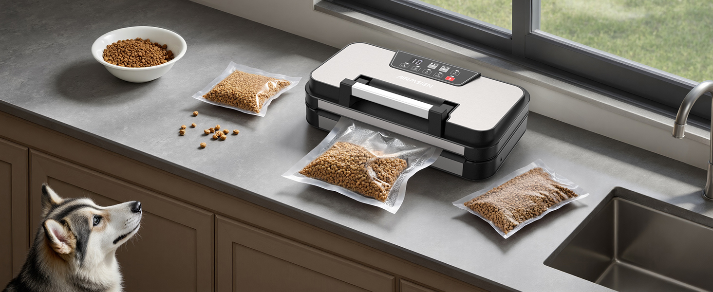 Вакууматор AIRMSEN 95 кПа з функцією підкачки, професійний вакуумулятор для сухих та вологих продуктів, 120 Вт, з відсіком для рулонів, різаком та шлангом, подвійний шва 2x3 мм