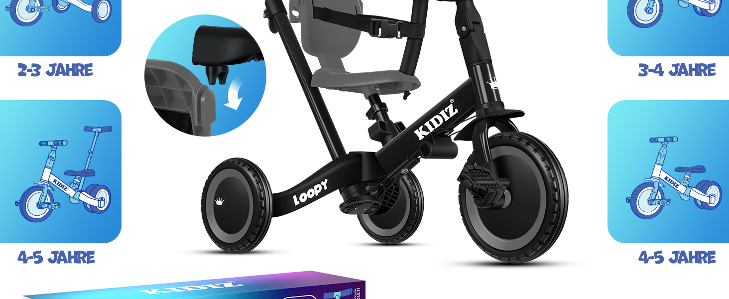 Біговел-триколіс KIDIZ 6-в-1 для дітей 1-5 років до 25 кг, з ручкою, захисним бампером, ременем безпеки, дзвінком та дзеркалом (Антрацит)