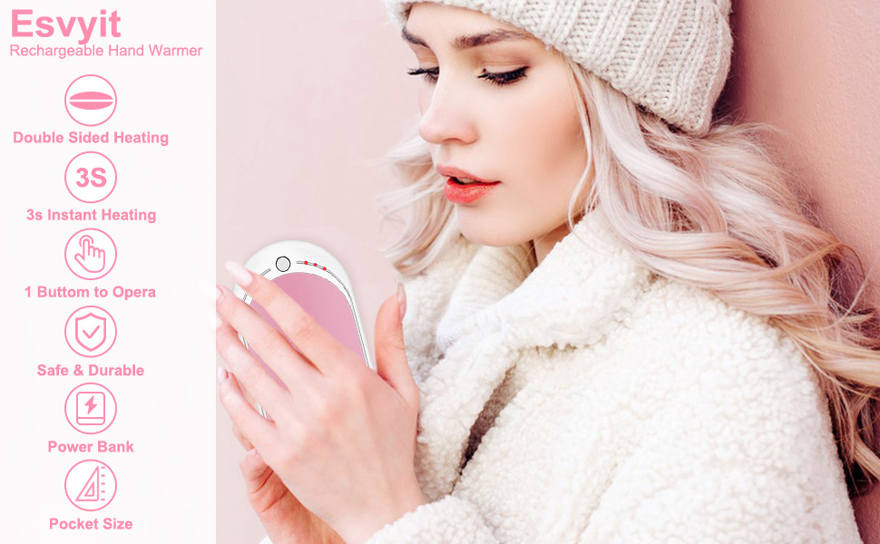 Електричний грілка для рук USB, повербанк 5200mAh, портативний, багаторазовий, для жінок та чоловіків, чорний та білий (рожевий та білий)