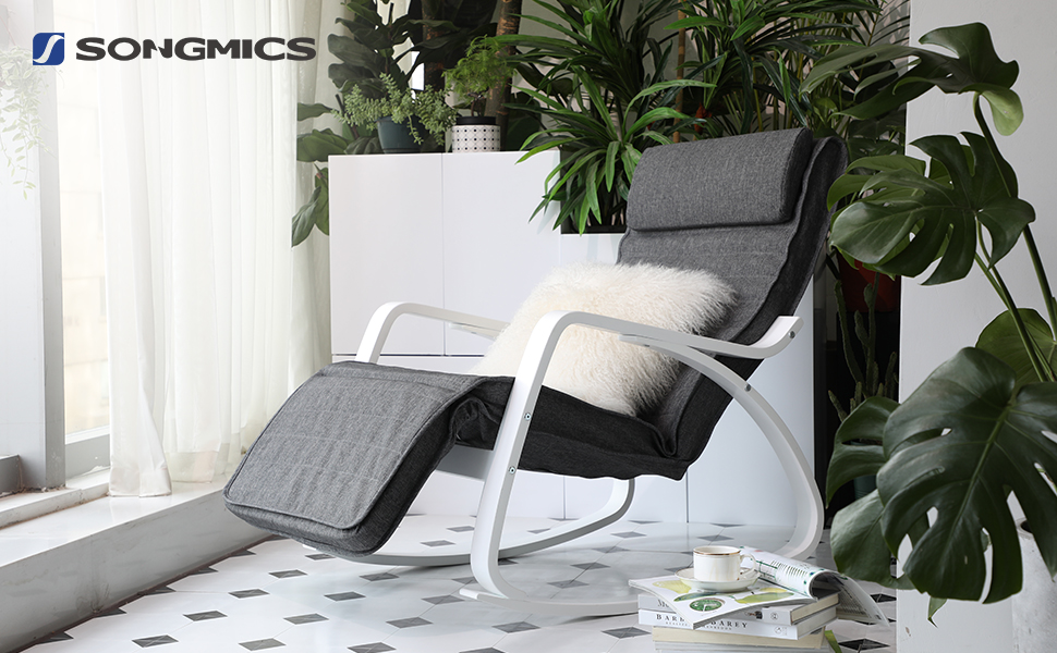 Крісло-гойдалка SONGMICS з підлокітниками, з натурального дерева, для спальні/вітальні, регульована підніжка, до 150 кг, темно-сірий + білий, імітація льону