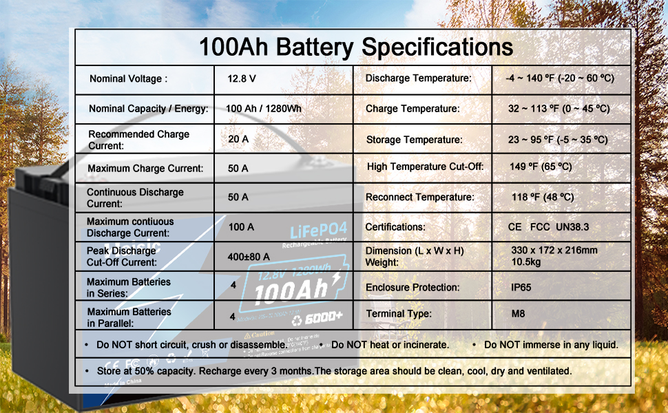 Літієва батарея LiFePO4 100Ah 12V, 10 років, 6000 циклів, 1280 Втгод, IP65, 100A BMS, для автофургонів, човнів, кемпінгу