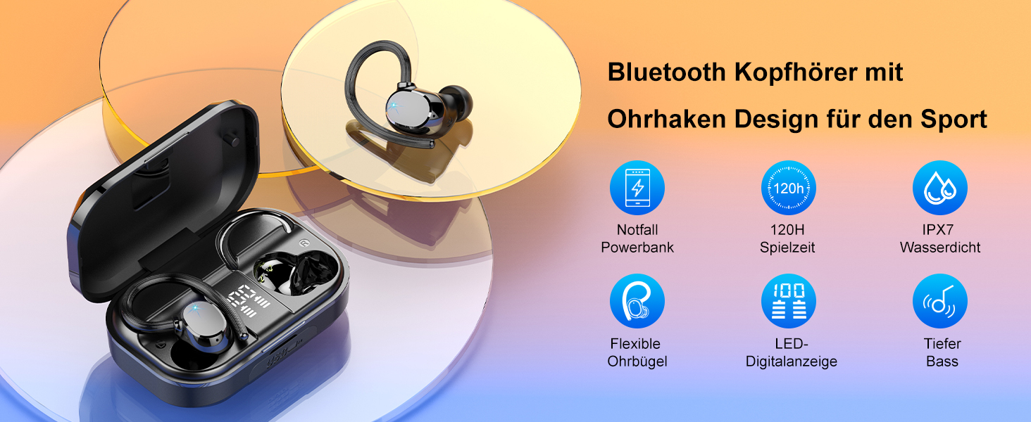 Спортивні навушники Bluetooth 5.3, 120 год, LED, глибокі баси, IP7, вушні дроти, чорний