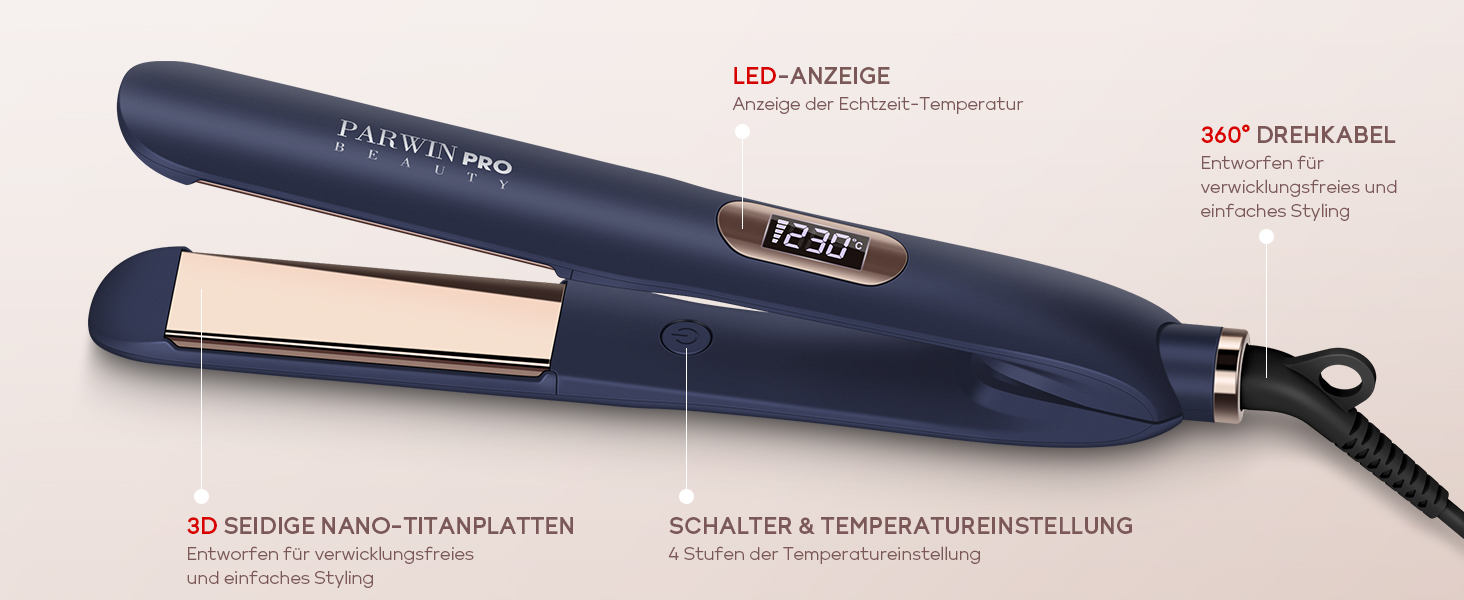 Випрямляч для волосся 2 в 1 та іонний випрямляч PARWIN PRO BEAUTY Hair Straightener, випрямляч з нанотитановим покриттям, широка шовковиста нагрівальна пластина, з РК-дисплеєм, 130C-230C