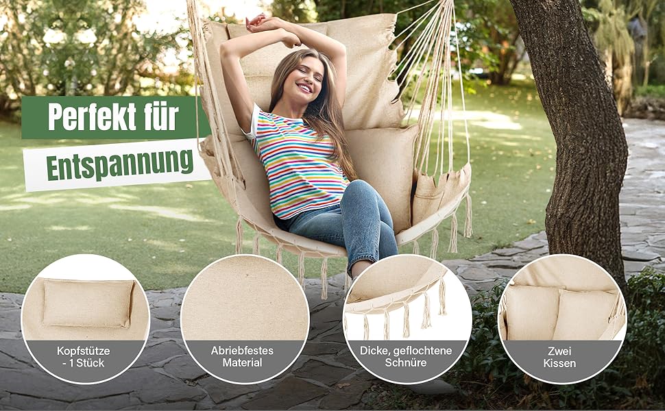 Гамак-крісло з подушкою 100x130x75 см, до 150 кг, для саду та дому, бохо-стиль, для дорослих (Бежевий)