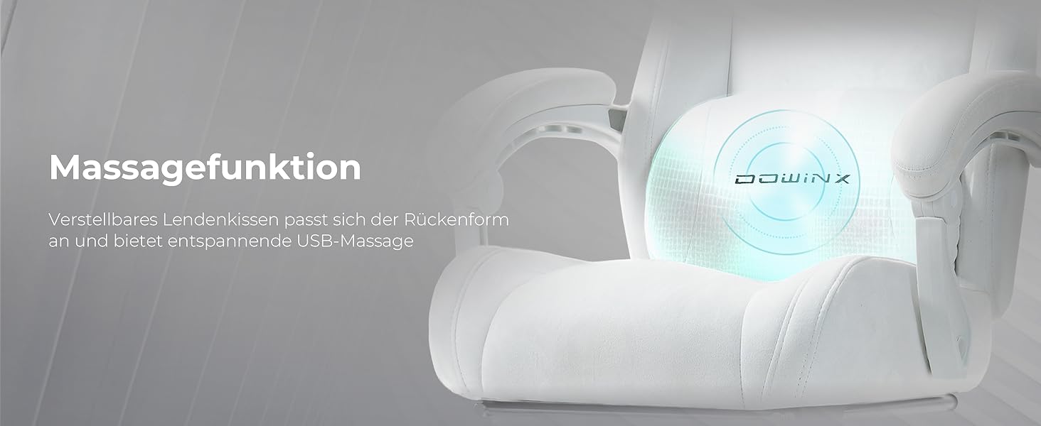 Ігровий крісло Dowinx з регульованою висотою масажного поперекового підтримувача, ергономічний дизайн, м'яка мікрофібра велюр, посилене сидіння, підголовник та підніжка в комплекті, регулювання на 155°, (Білий, Титан)