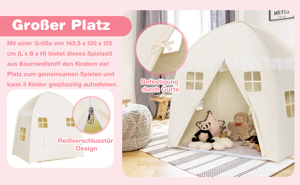 Дитячий ігровий будиночок GOPLUS XL, 143x100x155 см, з сумкою, килимком, дверцятами на блискавці та 4 вікнами, для 2-3 дітей від 3 років (Бежевий)