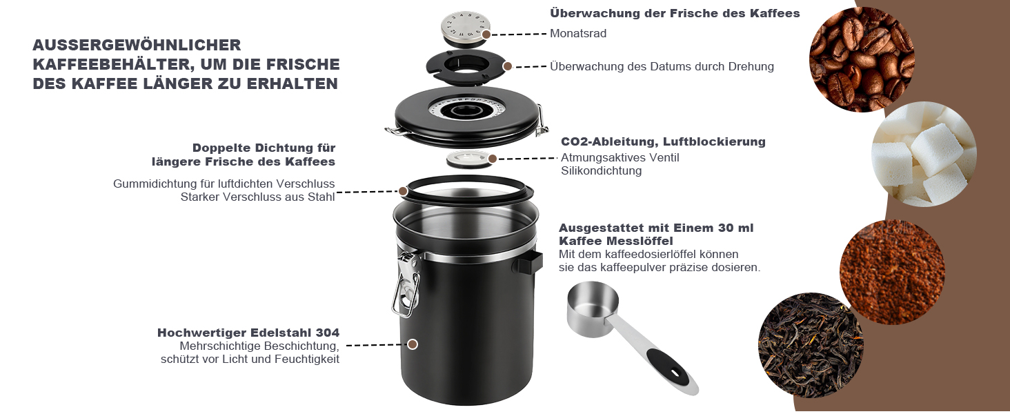 Герметична кавова банка з нержавіючої сталі, 1,8L, з датчиком дати, CO2-вентилем та мірною ложкою, для кави, чаю, горіхів, какао, чорна