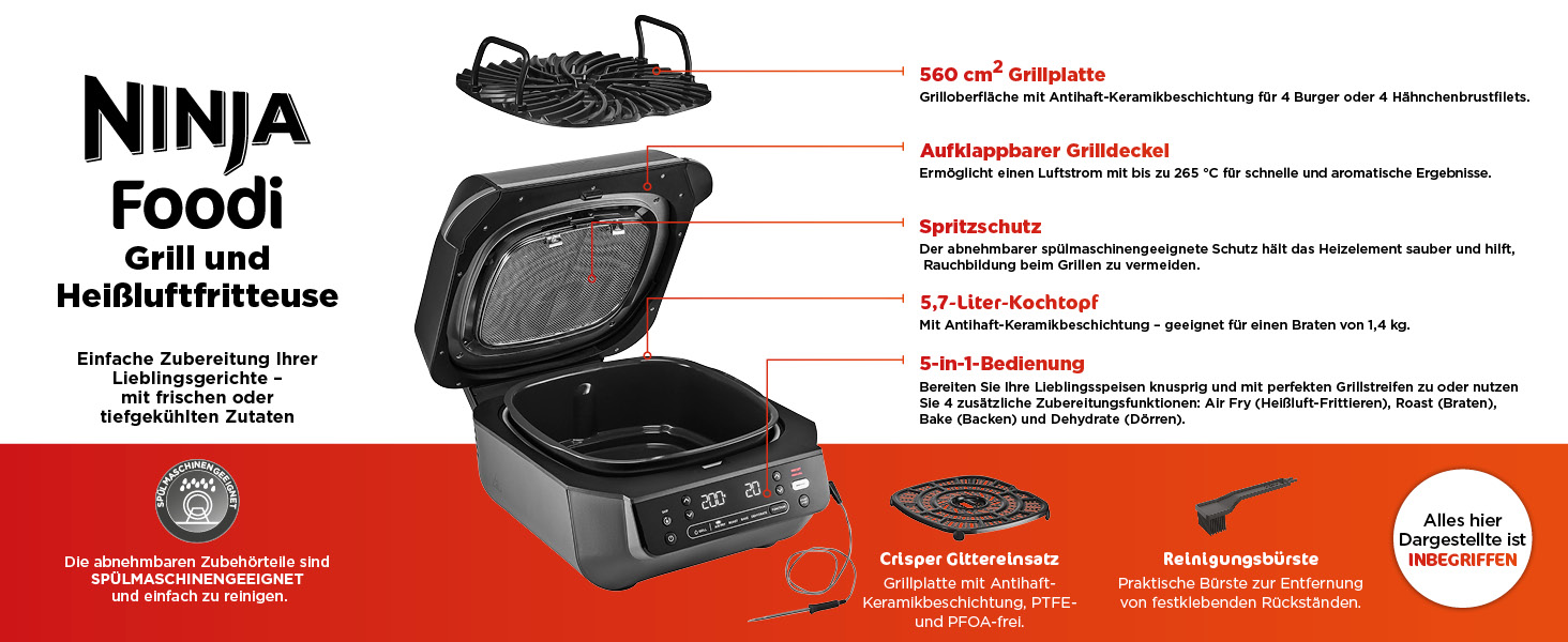 Мультигриль Ninja MAX 6-в-1 з фритюрницею, 3.8л, сірий/срібний, DG551EU