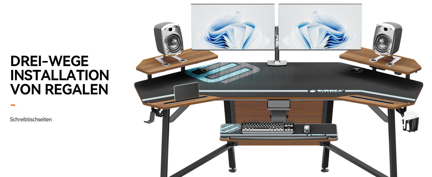 Ігровий стіл EUREKA ERGONOMIC 160x74 см з крилами для геймінгу, PC, Home Office, Live Streaming, 2 слоти для iPad, горіховий колір