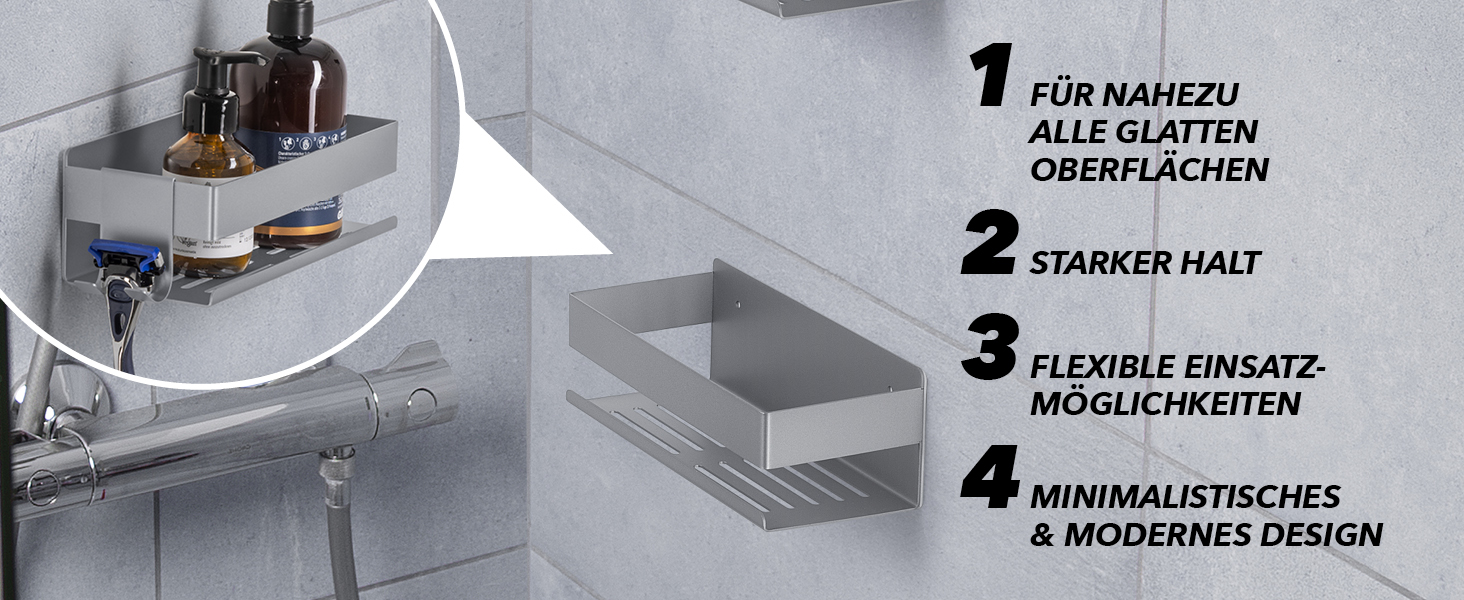 Набір душових полиць BENKSTEIN (2 шт.) | Полиці для душу з кріпленням на клей або свердління | Корзинка для душу без свердління | Тримач для гелю для душу та шампуню | Організатор для ванної кімнати, полиця для душу, срібна, 2 шт.