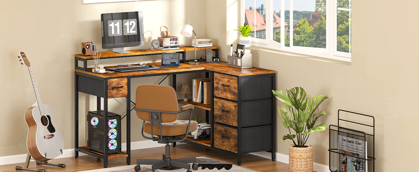 Стол YITAHOME L-подібний з USB-портом та розеткою, 140x100 см, 4 шухляди, полиця, для офісу, коричневий