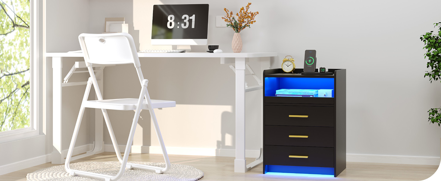 Нічний столик FREDEES з LED-підсвічуванням, ящиком, зарядкою та датчиком руху, сірий (2), чорний