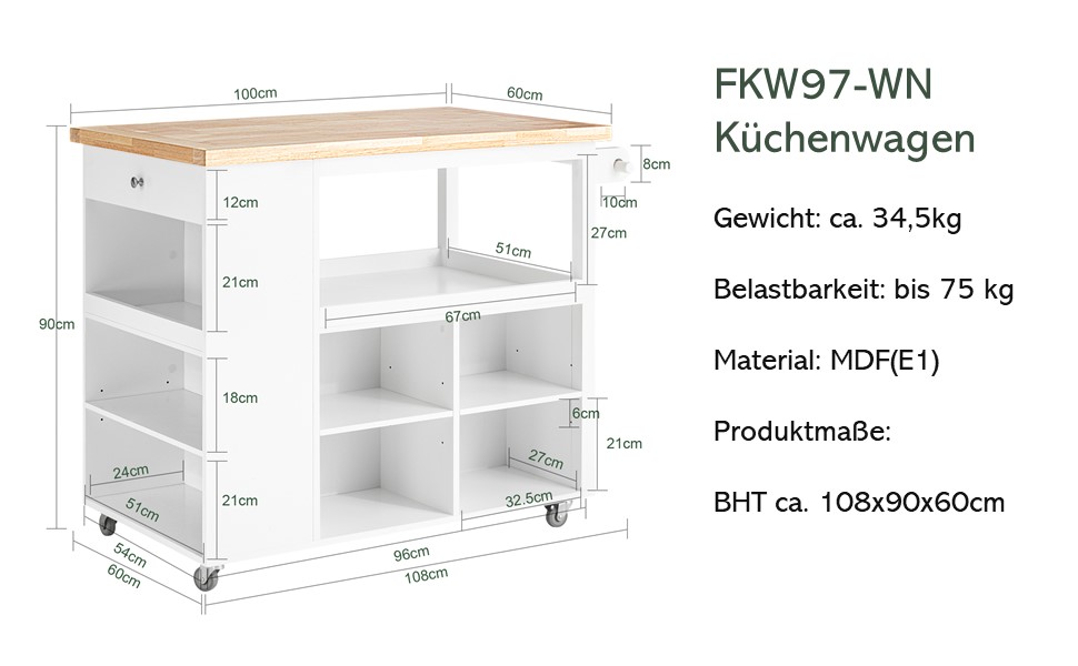 Кухонний візок SoBuy FKW97-WN з клапаном, відділеннями для полиць, коліщатками, білий-натуральний, BHT приблизно 108x90x60см