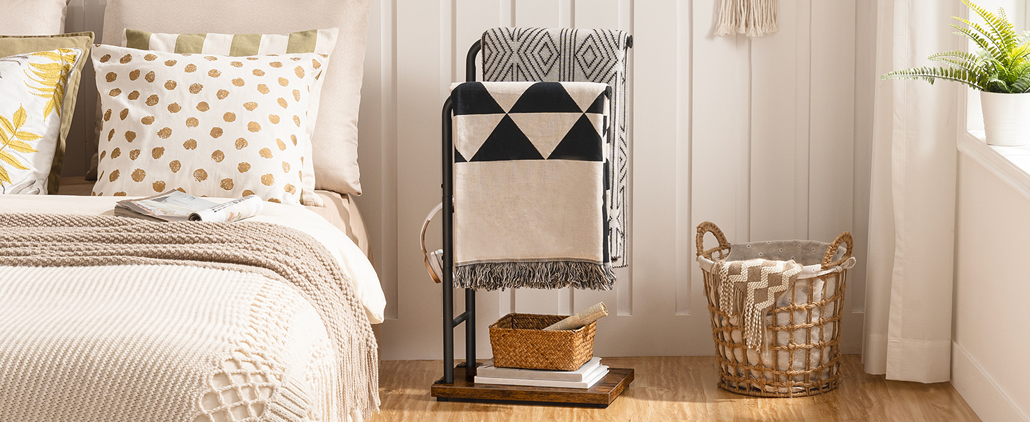 Підставка для рушників HOOBRO, стояча, з 2 перекладинами, білий + натуральне дерево, 40 x 24 x 80,5 см