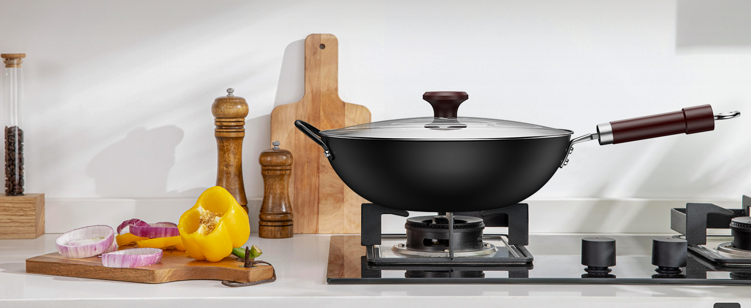 Вок Jobin 32 см з вуглецевої сталі з кришкою, дерев'яним та сталевим ручками, для приготування азійських страв (3-5 осіб), сумісний з Induktion, електро та газовими плитами - Чорний