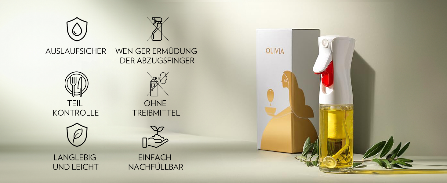 Скляний розпилювач для олії FLAIROSOL OLIVIA 130 мл — універсальний дозатор з контролем порцій для приготування їжі, салатів, гриля та випічки (Золотий)