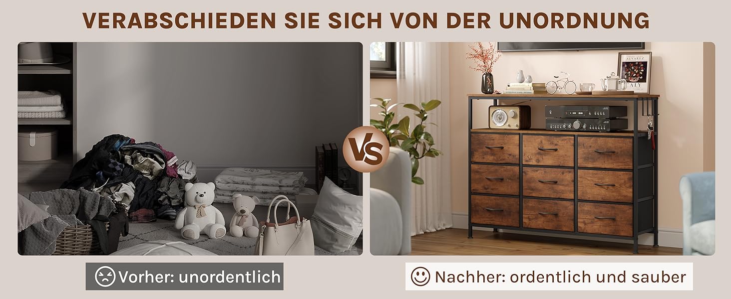 Комод WOLTU з 9 тканинними висувними ящиками, LED-підсвіткою та розетками, металевим каркасом, для вітальні, спальні, передпокою, рустикальний коричнево-чорний колір