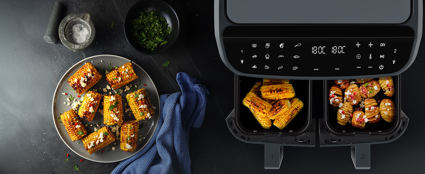 MEDION P20 XXL Фритюрниця з гарячим повітрям з 2 камерами (8,7 л, Airfryer, 2600 Вт, подвійна камера, 10 автоматичних програм, 2 висувні ящики, віконце, Dual Airfryer, ILAG PFAS-free, MD11760) матово-білий, матово-сірий